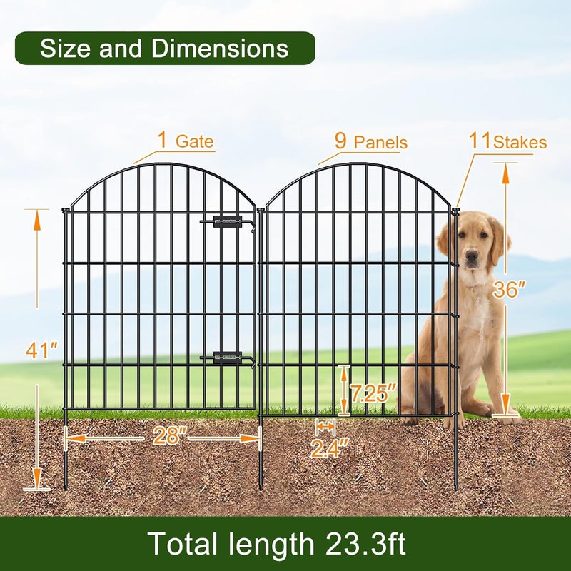 FOREHOGAR Metal Garden Fence with Gate 36in (H) x 23.3ft (L), 1 Gate+ 9 Panels Dog Fence Border Fence Animal Barrier, No Dig Garden Fencing for Yard Flower Bed Lawn Patio Outdoor, ECG3610, Black - Image 3